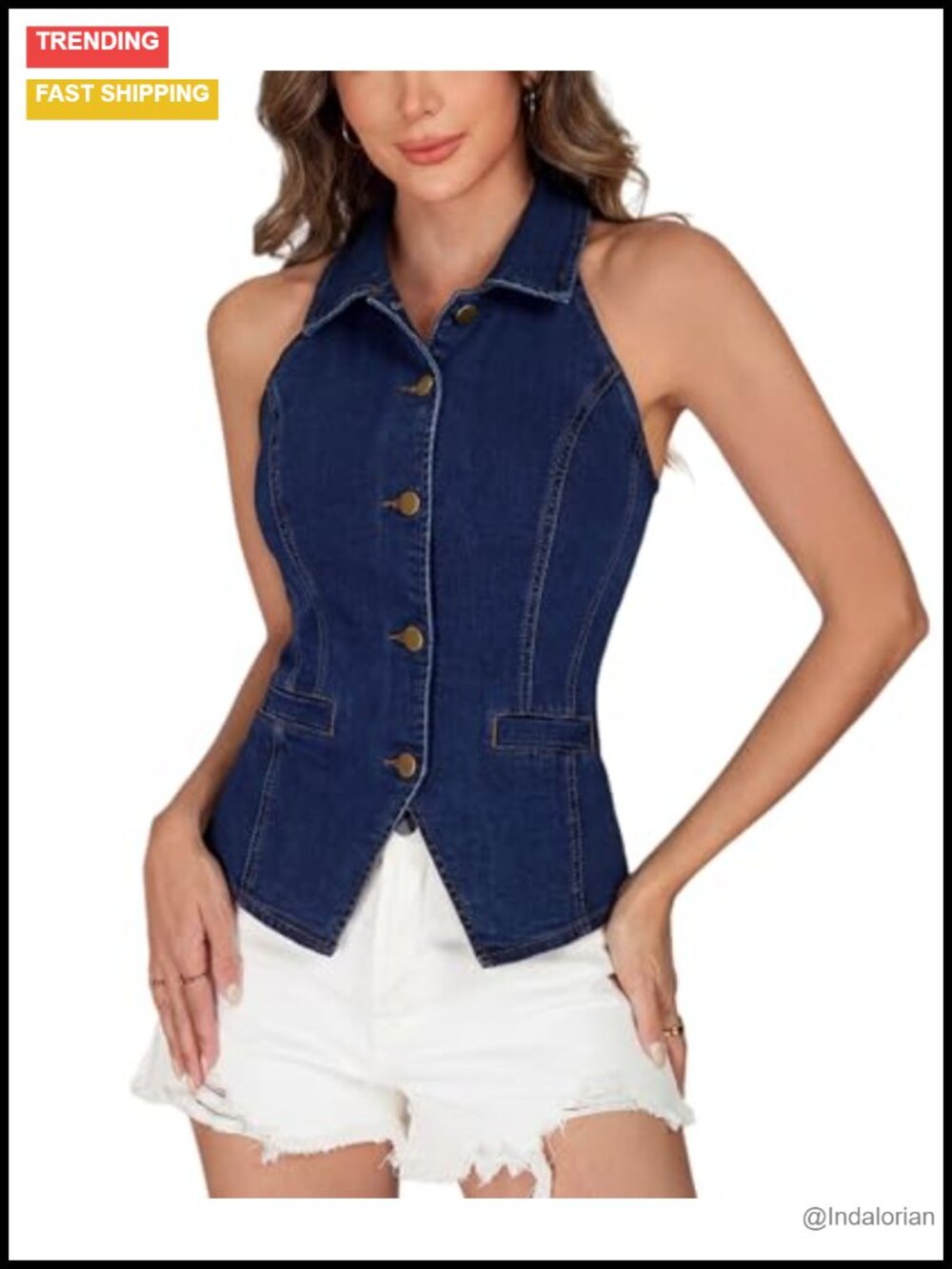Stretch Denim Halter Vest Top Collared Sleeveless Button Front